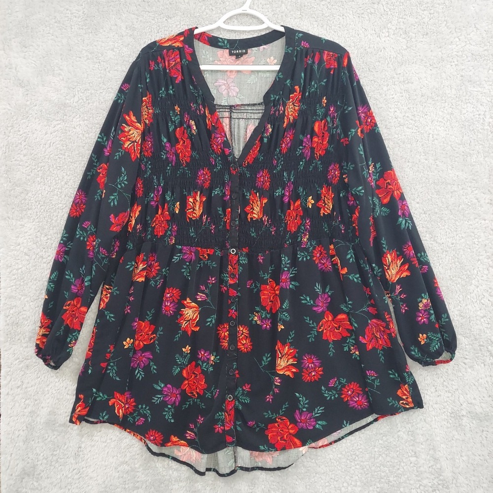 Torrid Women's 3 Top Black Floral 3X Button Front‎ Blouse V-Neck Long Sleeve